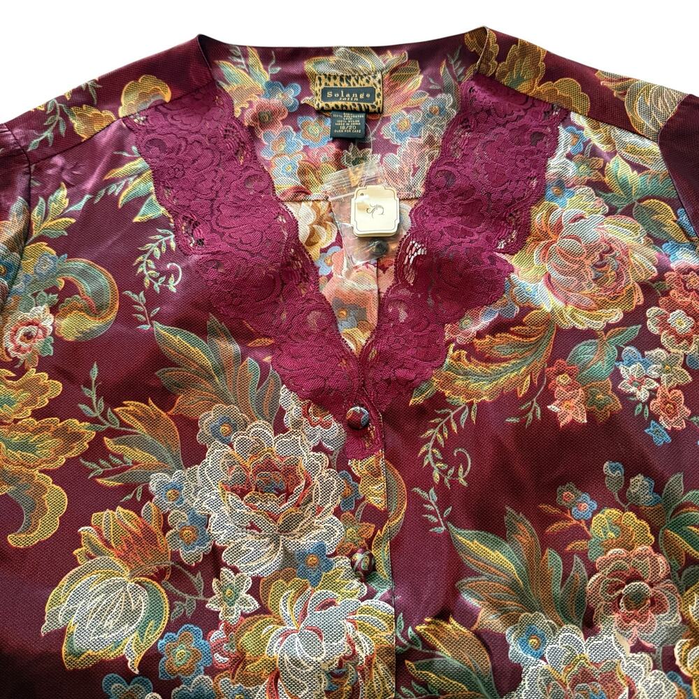 NEW Solange Satin Sleepwear Shirt Floral Print Lace Trim Maroon Size 18/20